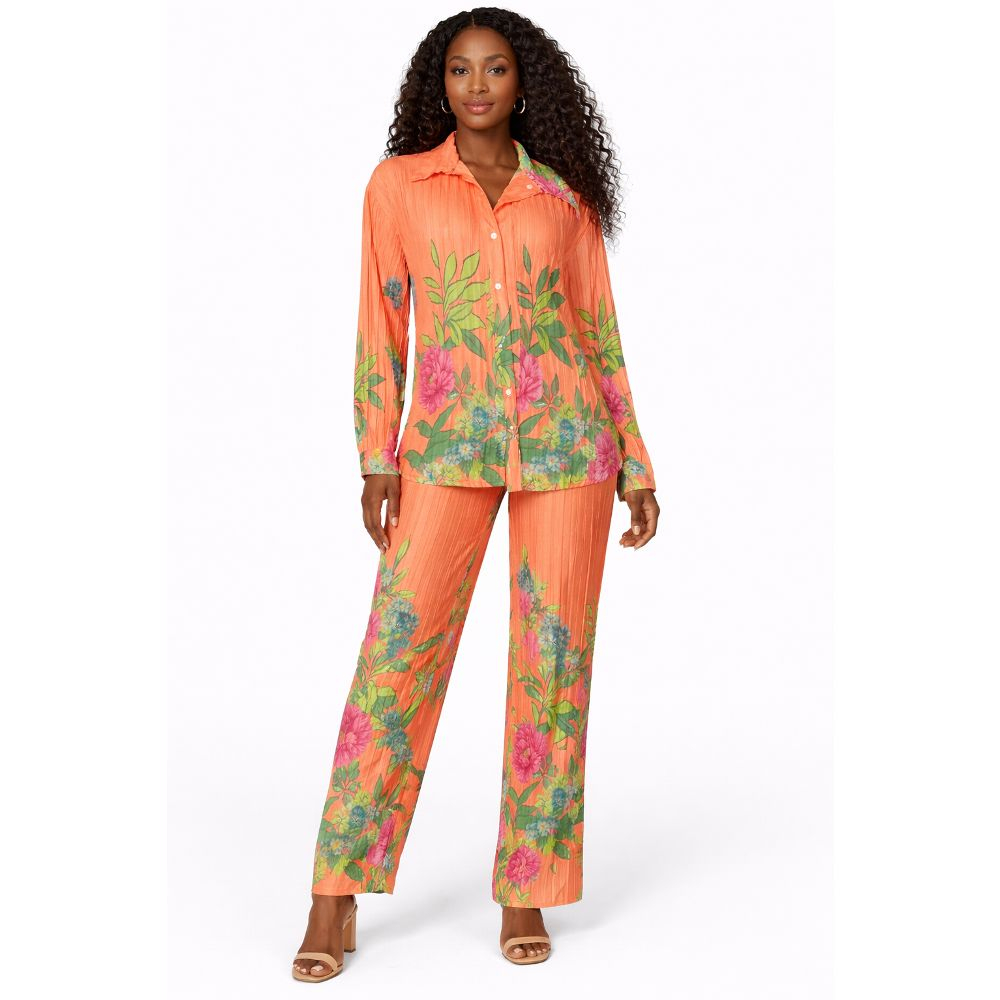 Women Peach Floral Pleated Two Piece Trouser Set